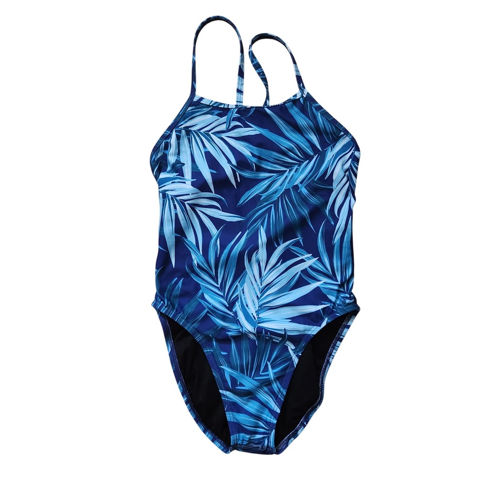 Jolyn Jackson One Piece Swimsuit Blue Palm Leaf Athletic Size 26 (XS)  UPF‎ 50+